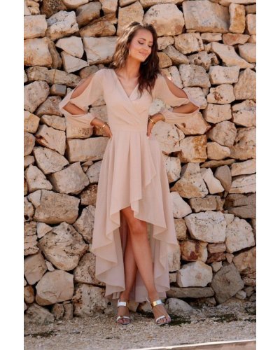 Rochie eleganta lunga din voal bej vaporoasa cu maneca lunga Jessica Rochii lungi, Rochie eleganta lunga din voal bej vaporoasa cu maneca lunga Jessica - jojofashion.ro