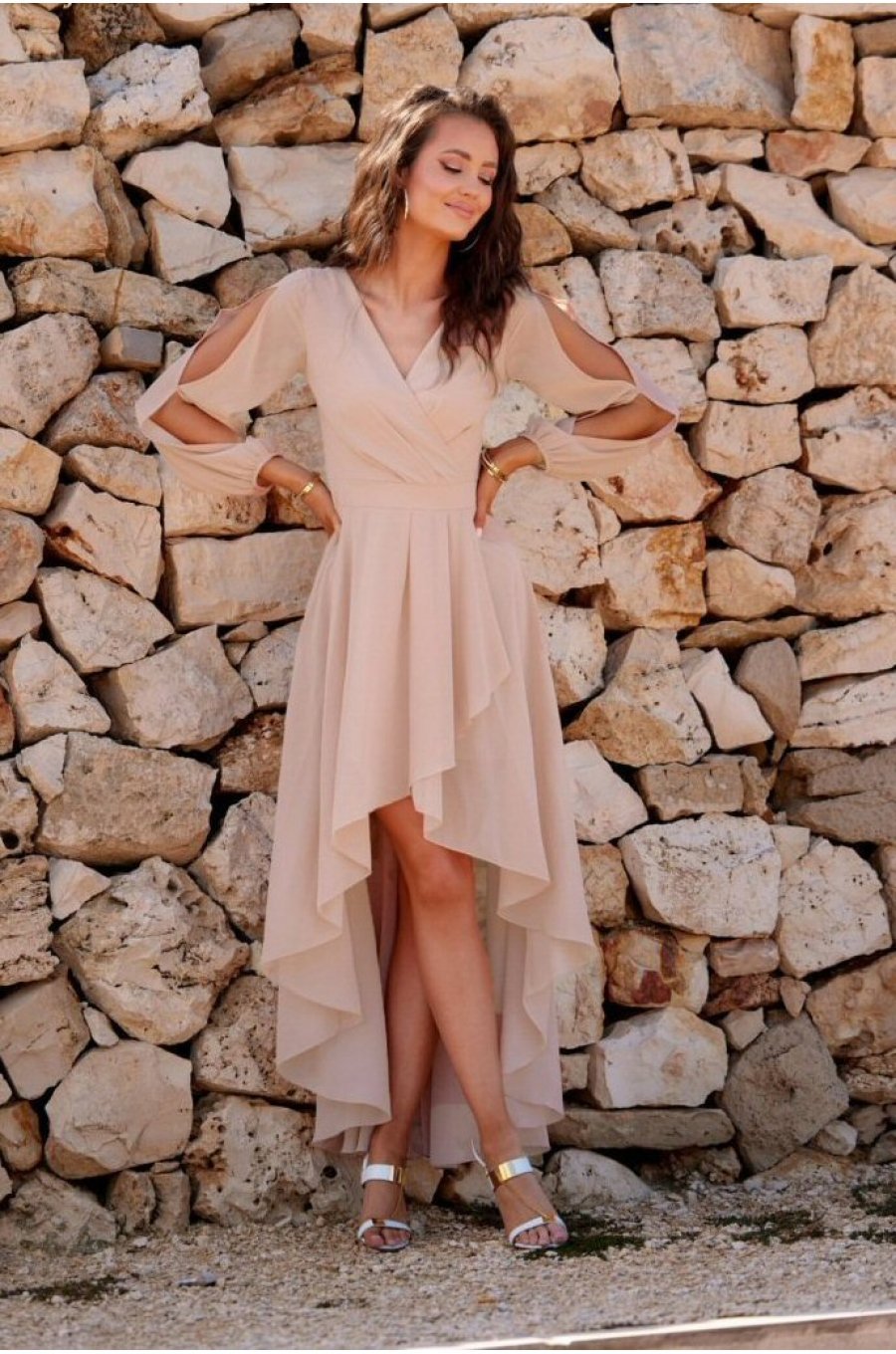 Rochie eleganta lunga din voal bej vaporoasa cu maneca lunga Jessica 1 - jojofashion.ro