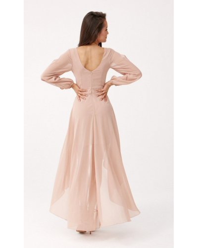 Rochie eleganta lunga din voal bej vaporoasa cu maneca lunga Jessica Rochii lungi, Rochie eleganta lunga din voal bej vaporoasa cu maneca lunga Jessica - jojofashion.ro