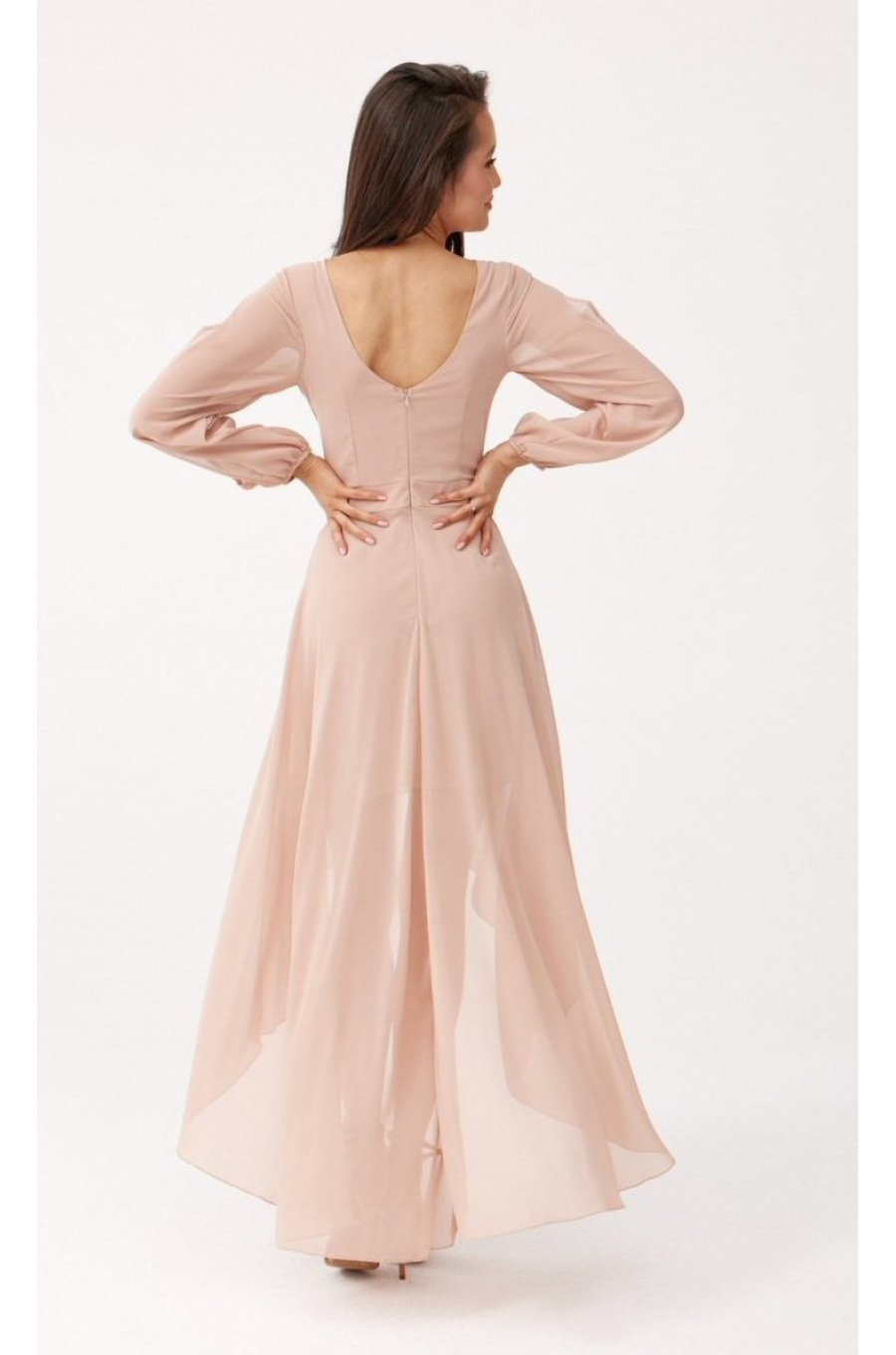 Rochie eleganta lunga din voal bej vaporoasa cu maneca lunga Jessica 2 - jojofashion.ro