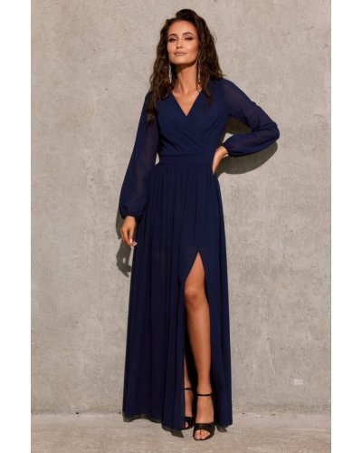 Rochie lunga din voal chiffon bleumarin vaporoasa cu maneca lunga Stella Rochii lungi, Rochie lunga din voal chiffon bleumarin vaporoasa cu maneca lunga Stella - jojofashion.ro