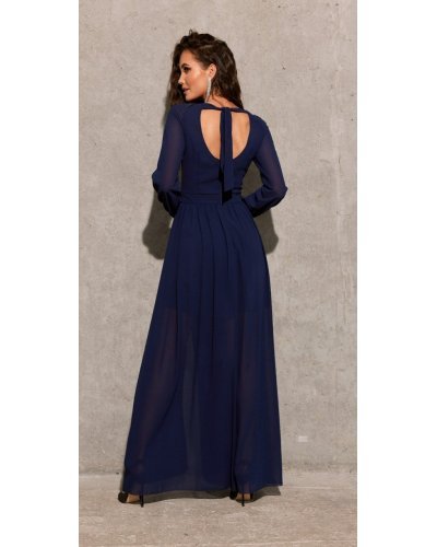 Rochie lunga din voal chiffon bleumarin vaporoasa cu maneca lunga Stella Rochii lungi, Rochie lunga din voal chiffon bleumarin vaporoasa cu maneca lunga Stella - jojofashion.ro