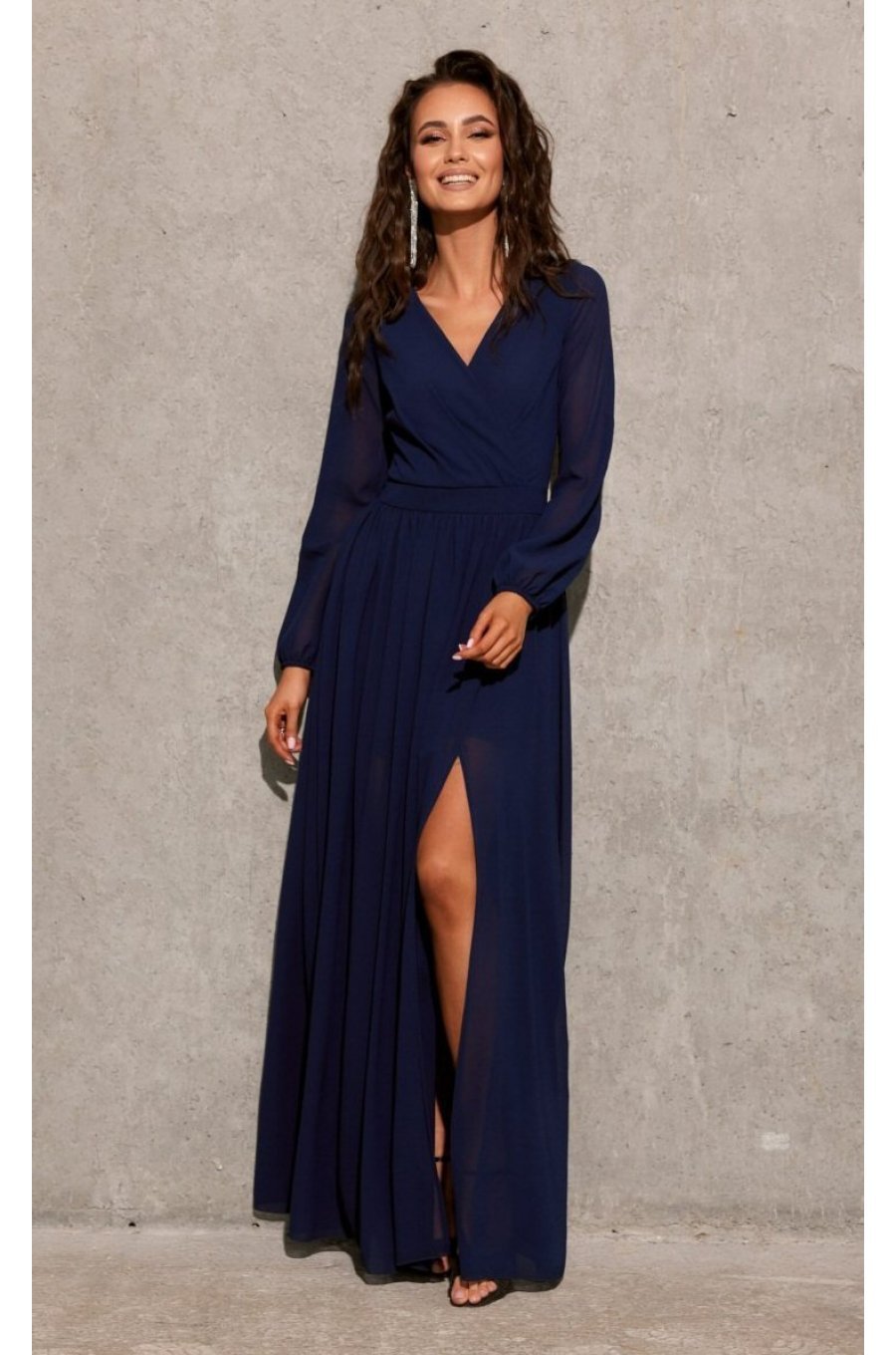 Rochie lunga din voal chiffon bleumarin vaporoasa cu maneca lunga Stella 3 - jojofashion.ro