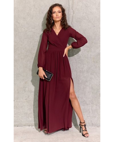 Rochie  lunga din voal chiffon burgundy vaporoasa cu maneca lunga Stella Rochie  lunga din voal chiffon burgundy vaporoasa cu maneca lunga Stella - jojofashion.ro