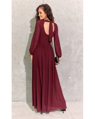 Rochie  lunga din voal chiffon burgundy vaporoasa cu maneca lunga Stella Rochii lungi, Rochie  lunga din voal chiffon burgundy vaporoasa cu maneca lunga Stella - jojofashion.ro