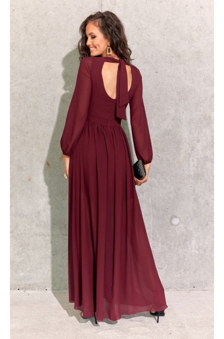 Rochie  lunga din voal chiffon burgundy vaporoasa cu maneca lunga Stella 2 - jojofashion.ro