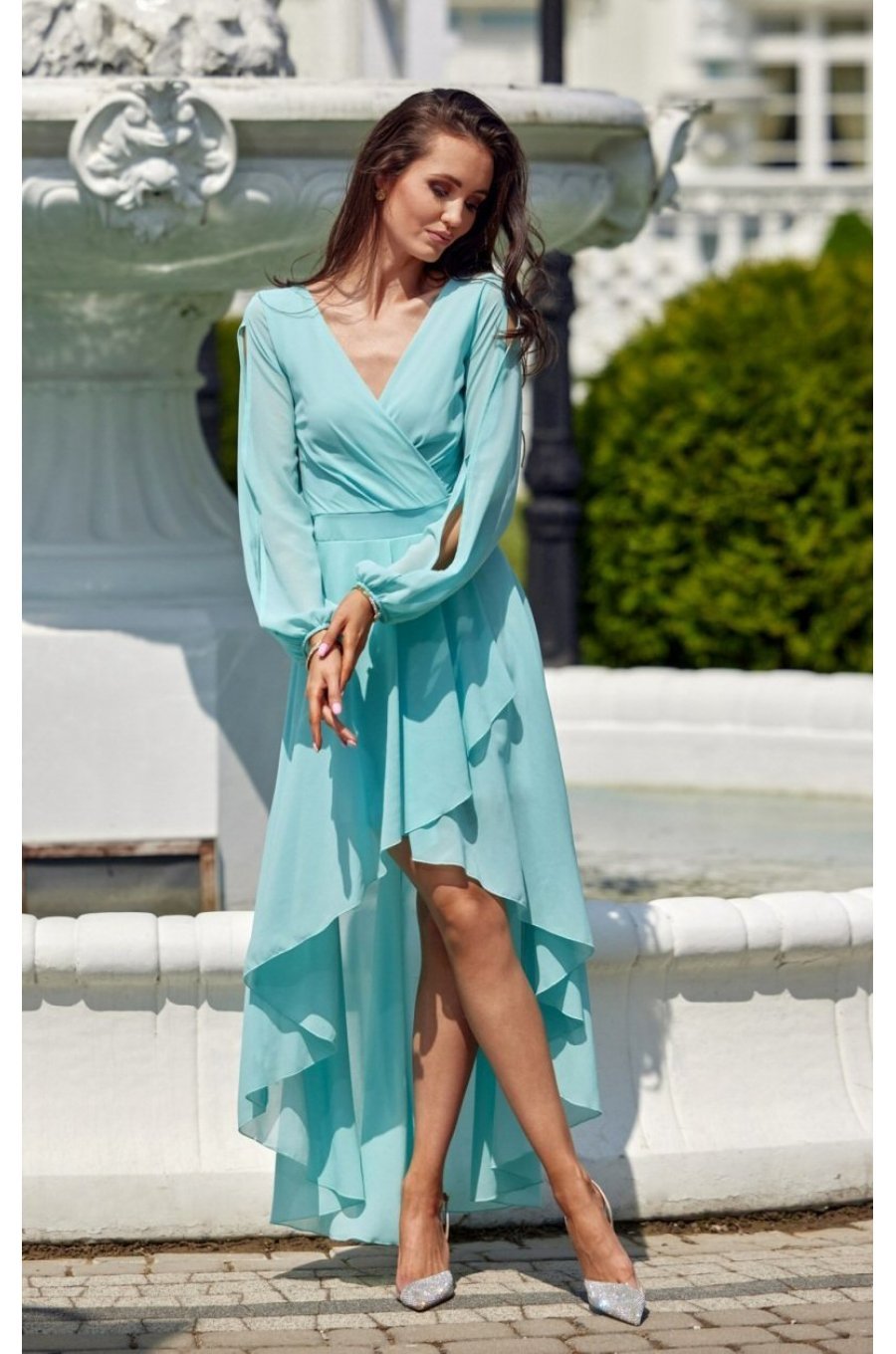 Rochie lunga eleganta din voal menta vaporoasa cu maneca lunga Jessica 2 - jojofashion.ro