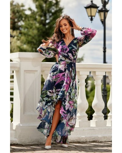 Rochie eleganta lunga din voal navy cu flori roz cu maneca lunga vaporoasa Sureya Rochii, Rochie eleganta lunga din voal navy cu flori roz cu maneca lunga vaporoasa Sureya - jojofashion.ro