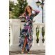 Rochie eleganta lunga din voal navy cu flori roz cu maneca lunga vaporoasa Sureya 2 - jojofashion.ro
