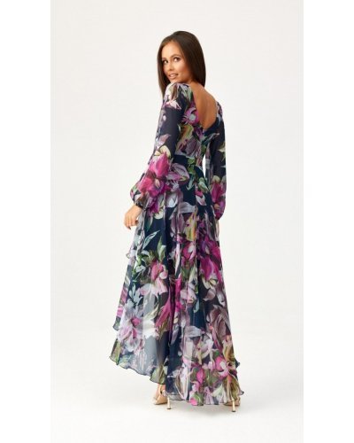 Rochie eleganta lunga din voal navy cu flori roz cu maneca lunga vaporoasa Sureya Rochii, Rochie eleganta lunga din voal navy cu flori roz cu maneca lunga vaporoasa Sureya - jojofashion.ro