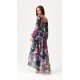 Rochie eleganta lunga din voal navy cu flori roz cu maneca lunga vaporoasa Sureya 3 - jojofashion.ro