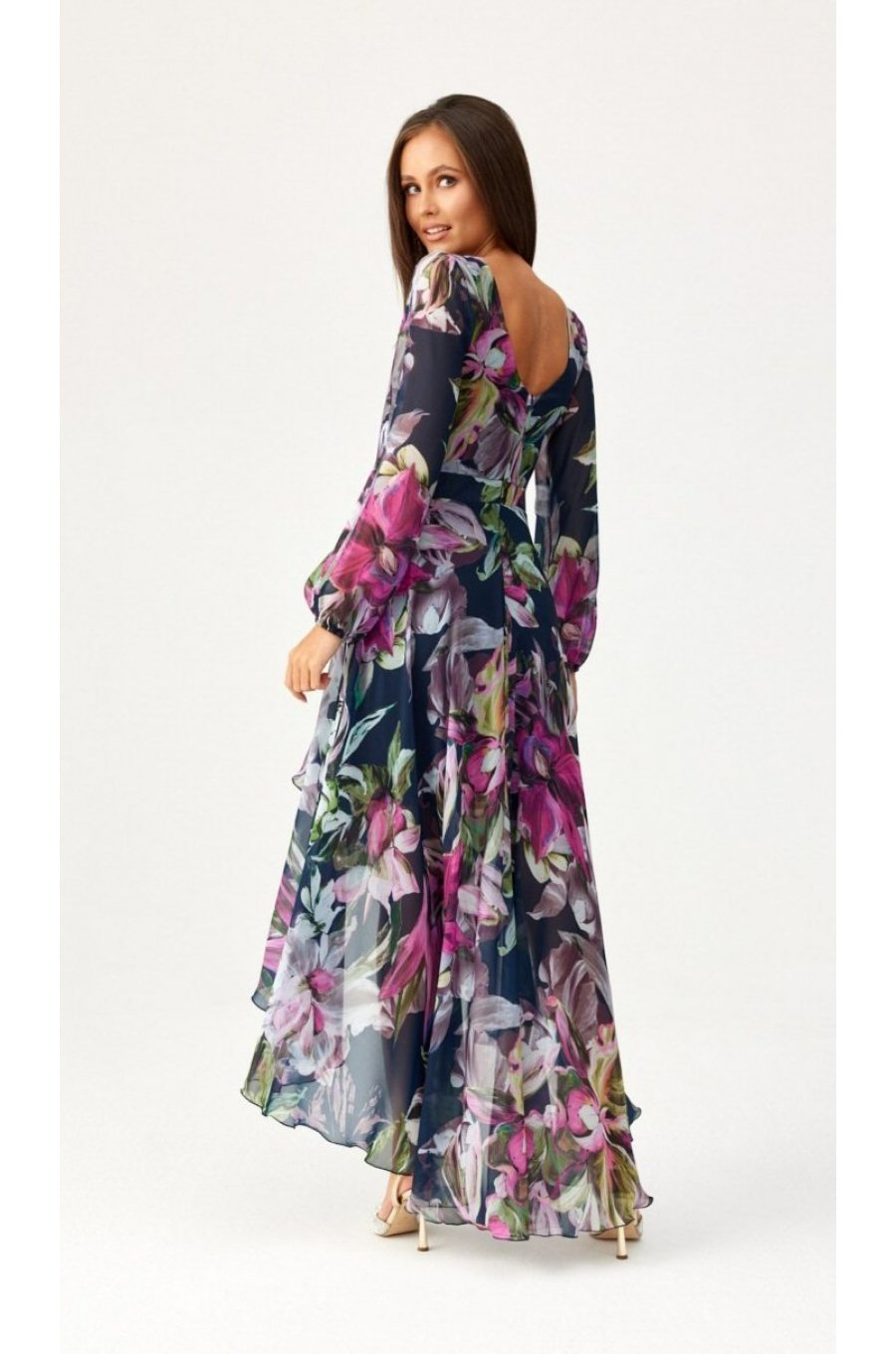 Rochie eleganta lunga din voal navy cu flori roz cu maneca lunga vaporoasa Sureya 2 - jojofashion.ro