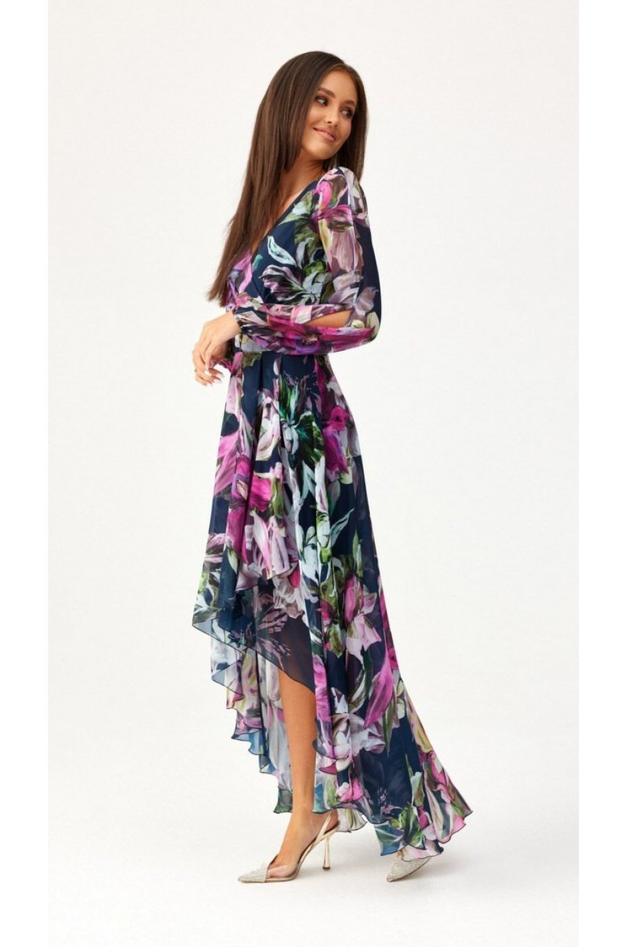 Rochie eleganta lunga din voal navy cu flori roz cu maneca lunga vaporoasa Sureya 3 - jojofashion.ro