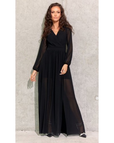 Rochie lunga neagra din voal chiffon vaporoasa cu maneca lunga Stella Rochii lungi, Rochie lunga neagra din voal chiffon vaporoasa cu maneca lunga Stella - jojofashion.ro