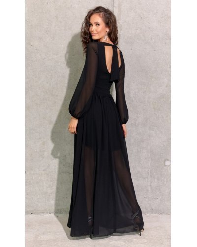 Rochie lunga neagra din voal chiffon vaporoasa cu maneca lunga Stella Rochii lungi, Rochie lunga neagra din voal chiffon vaporoasa cu maneca lunga Stella - jojofashion.ro