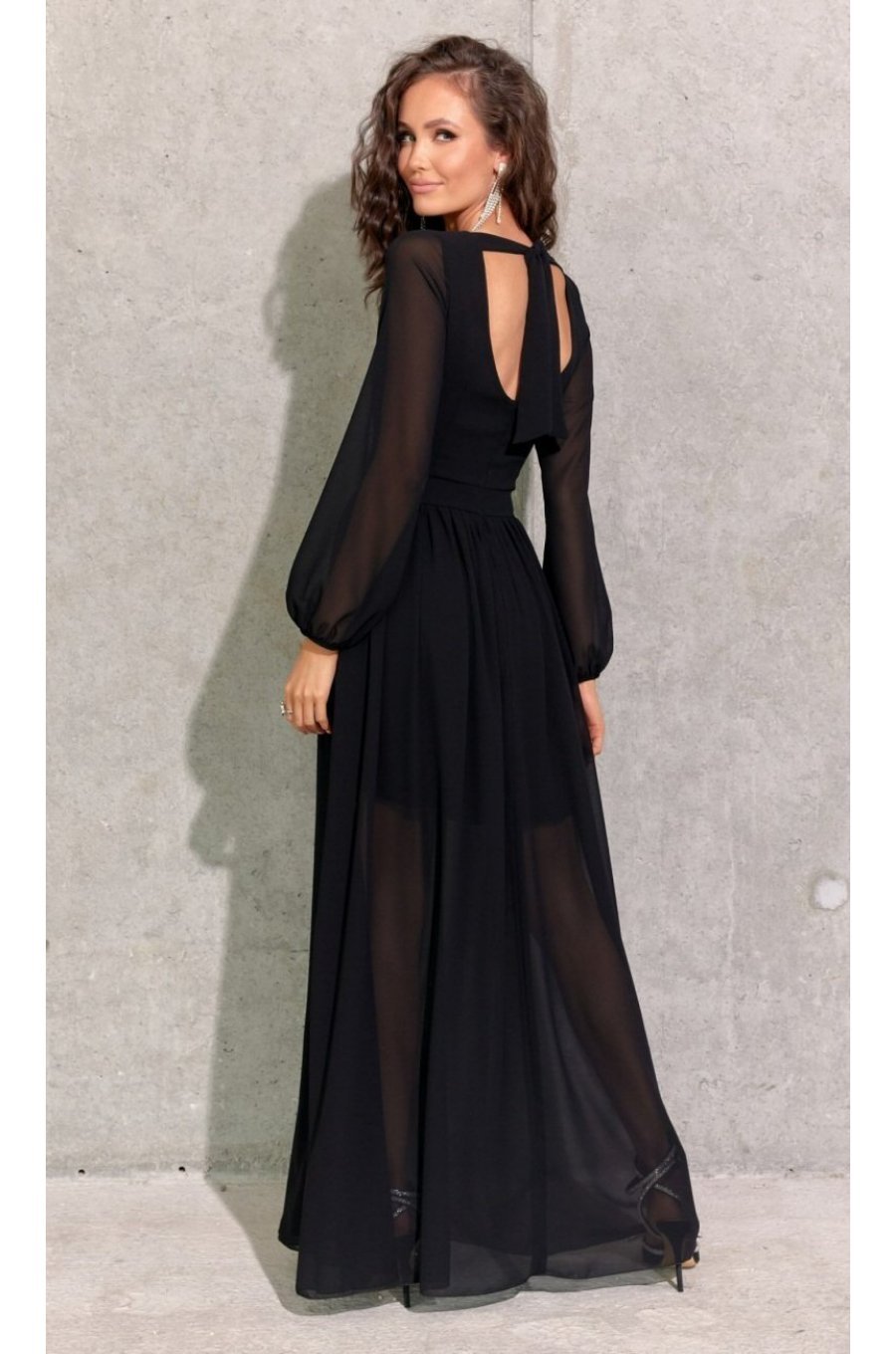 Rochie lunga neagra din voal chiffon vaporoasa cu maneca lunga Stella 2 - jojofashion.ro
