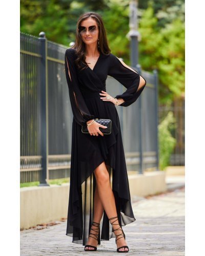 Rochie lunga neagra din voal cu maneca lunga vaporoasa Jessica Rochii lungi, Rochie lunga neagra din voal cu maneca lunga vaporoasa Jessica - jojofashion.ro