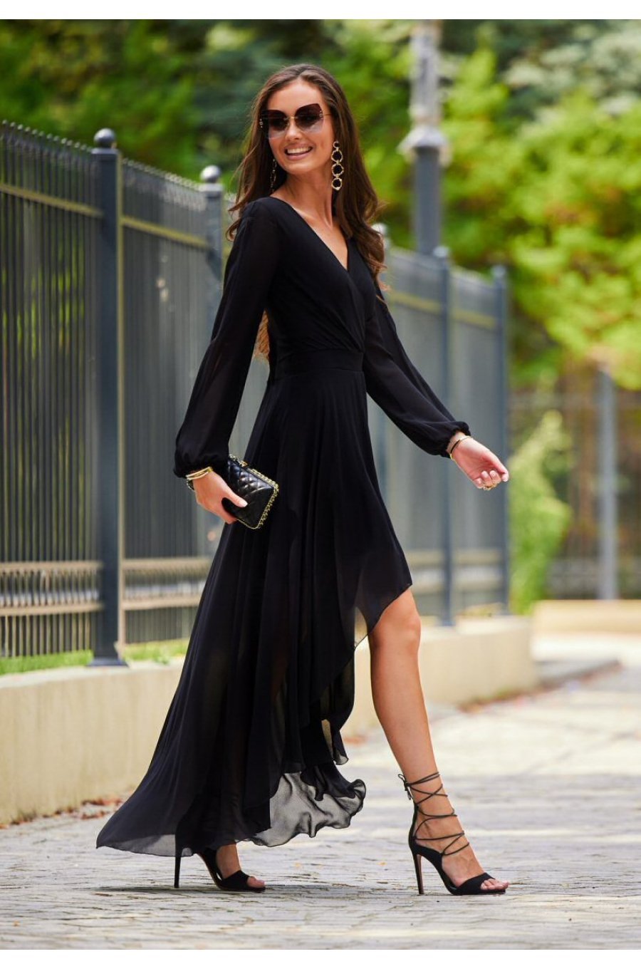 Rochie eleganta lunga, din voal, neagra, petrecuta, asimetrica, cu maneca lunga, Jessica 2 - jojofashion.ro