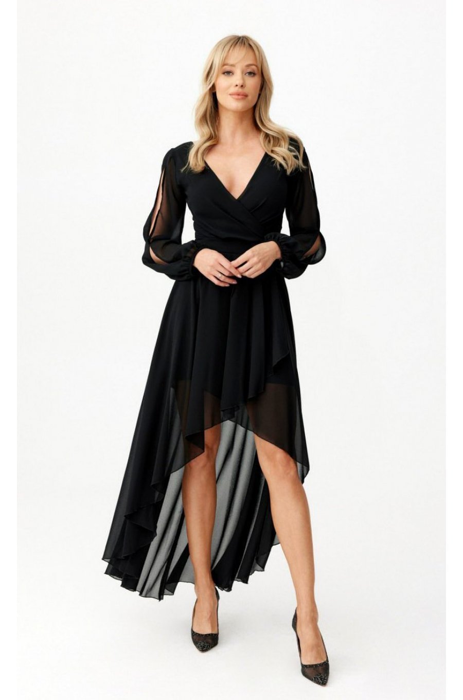 Rochie eleganta lunga, din voal, neagra, petrecuta, asimetrica, cu maneca lunga, Jessica 4 - jojofashion.ro