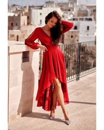 Rochie lunga rosie din voal vaporoasa cu maneca lunga Jessica Rochii lungi, Rochie lunga rosie din voal vaporoasa cu maneca lunga Jessica - jojofashion.ro