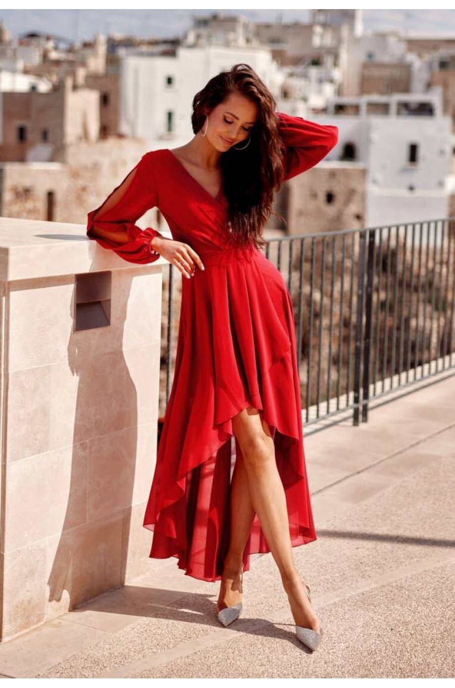 Rochie lunga rosie din voal vaporoasa cu maneca lunga Jessica 1 - jojofashion.ro