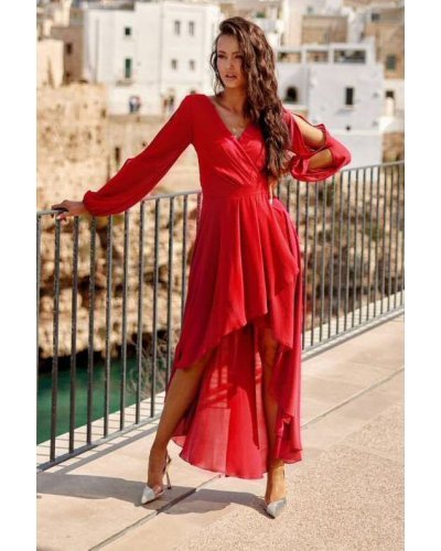 Rochie lunga rosie din voal vaporoasa cu maneca lunga Jessica Rochii lungi, Rochie lunga rosie din voal vaporoasa cu maneca lunga Jessica - jojofashion.ro