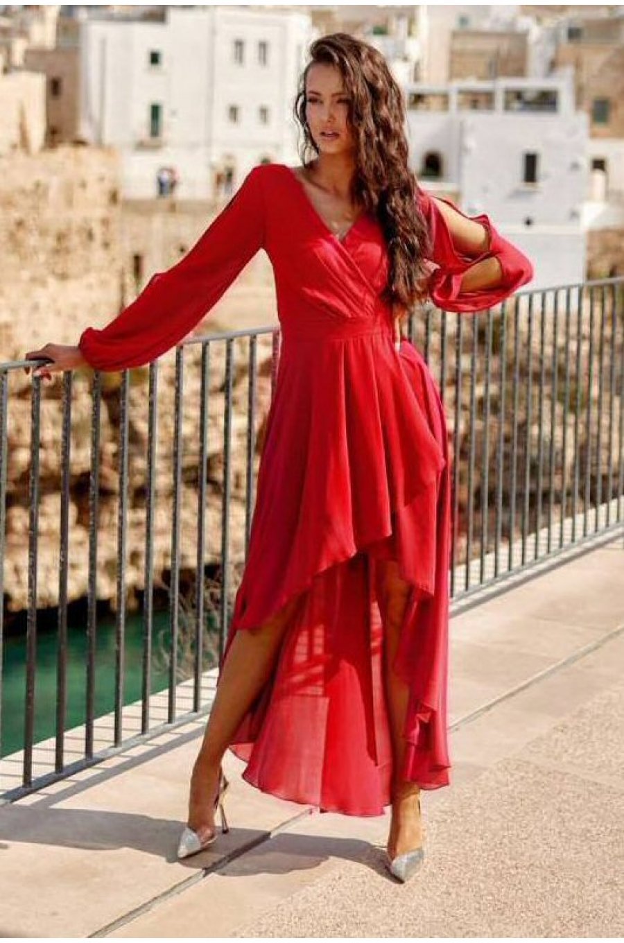 Rochie lunga rosie din voal vaporoasa cu maneca lunga Jessica 2 - jojofashion.ro