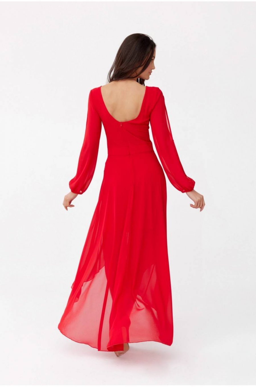 Rochie lunga rosie din voal vaporoasa cu maneca lunga Jessica 3 - jojofashion.ro