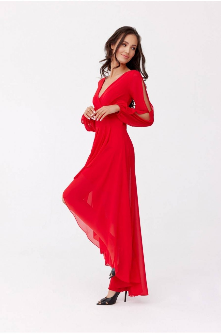 Rochie eleganta lunga, din voal, rosie, cu maneca lunga, vaporoasa, asimetrica, Jessica 4 - jojofashion.ro
