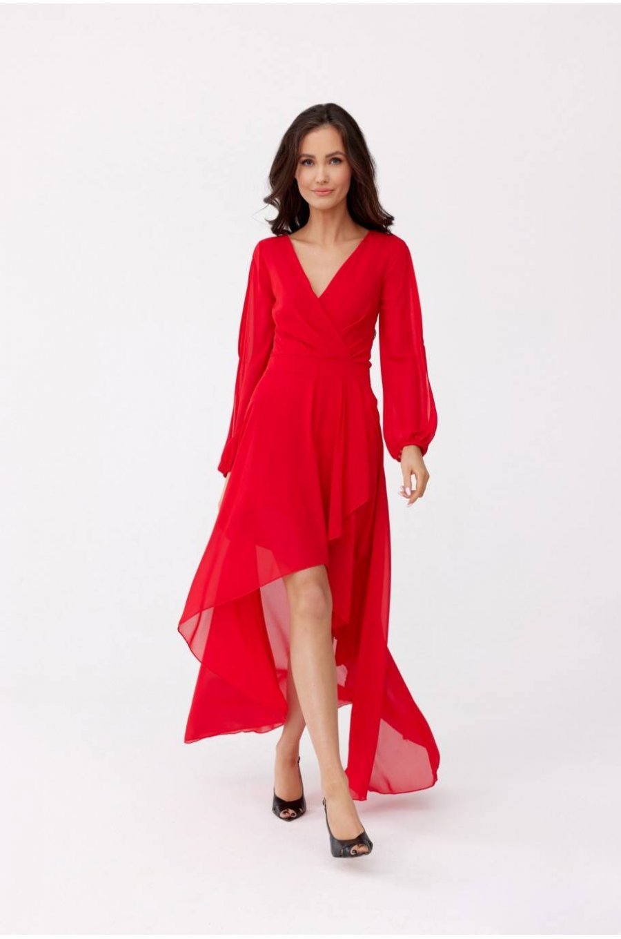 Rochie lunga rosie din voal vaporoasa cu maneca lunga Jessica 5 - jojofashion.ro