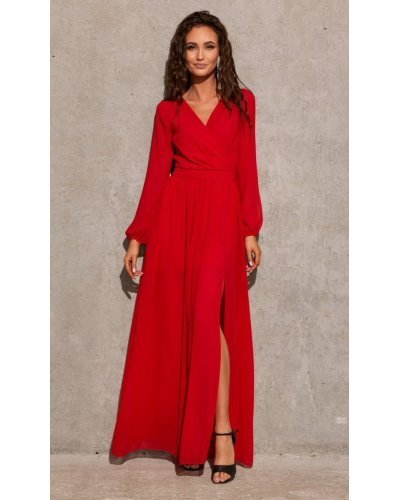 Rochie lunga rosie din voal chiffon vaporoasa cu maneca lunga Stella Rochii lungi, Rochie lunga rosie din voal chiffon vaporoasa cu maneca lunga Stella - jojofashion.ro