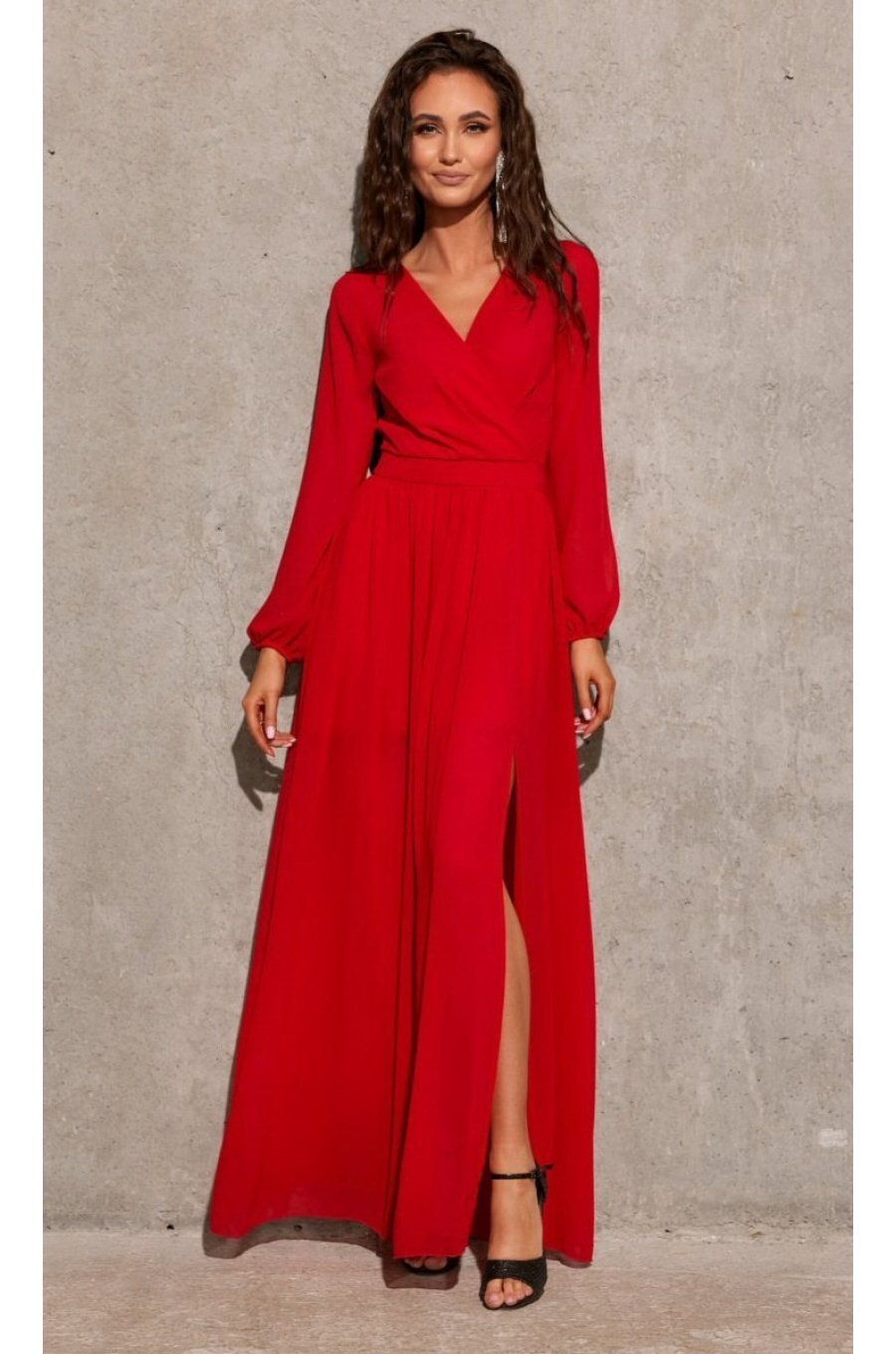 Rochie lunga rosie din voal chiffon vaporoasa cu maneca lunga Stella 1 - jojofashion.ro