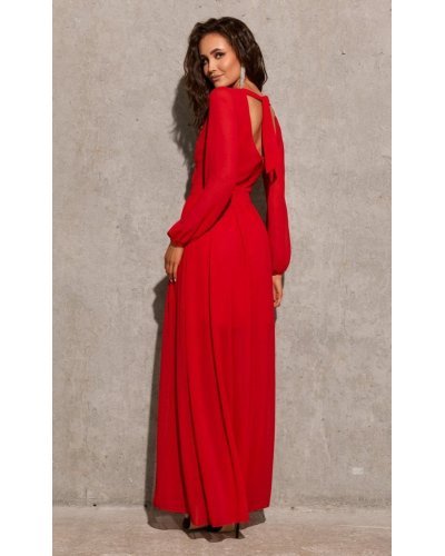 Rochie lunga rosie din voal chiffon vaporoasa cu maneca lunga Stella Rochii lungi, Rochie lunga rosie din voal chiffon vaporoasa cu maneca lunga Stella - jojofashion.ro