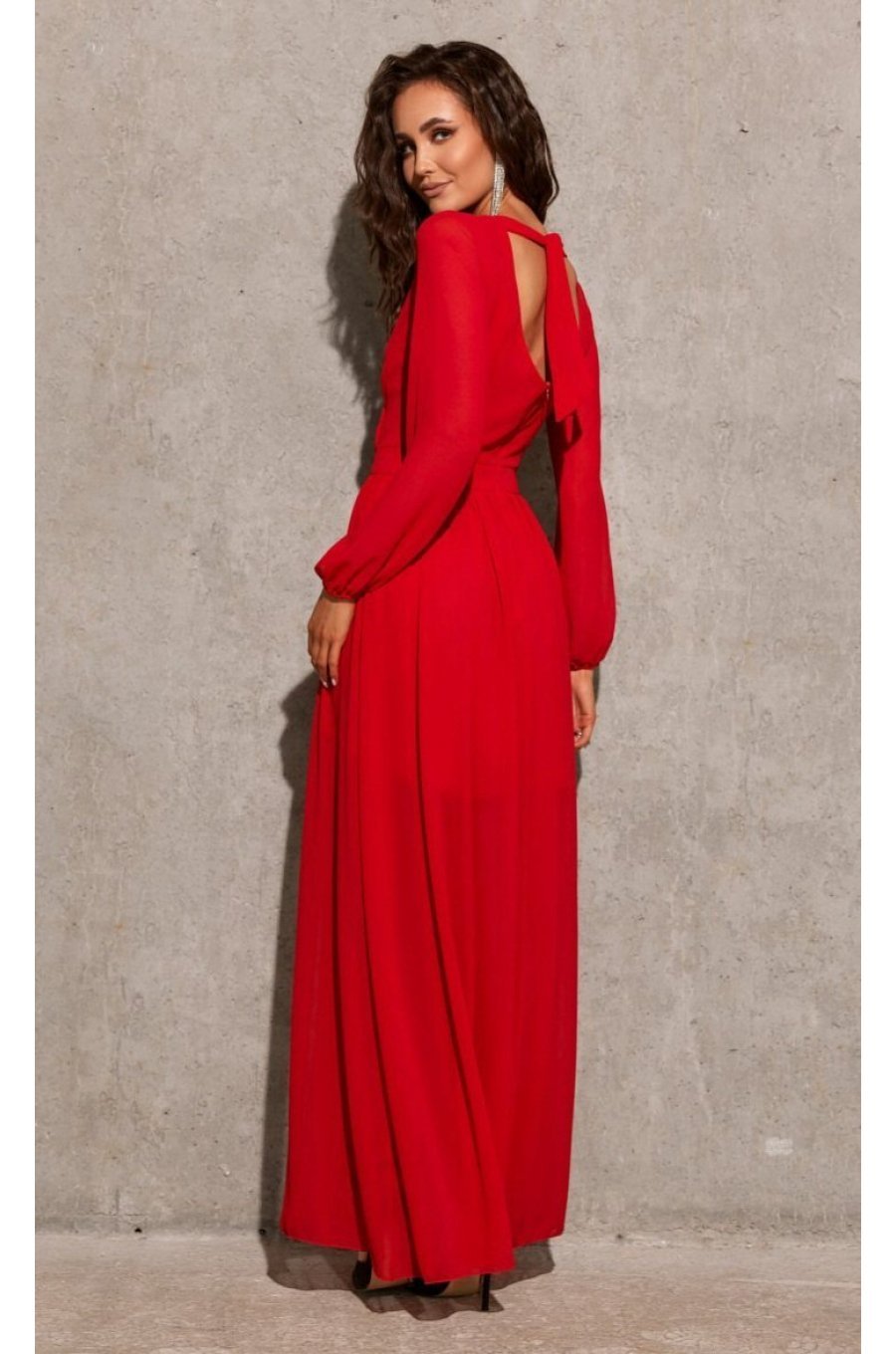 Rochie lunga rosie din voal chiffon vaporoasa cu maneca lunga Stella 2 - jojofashion.ro