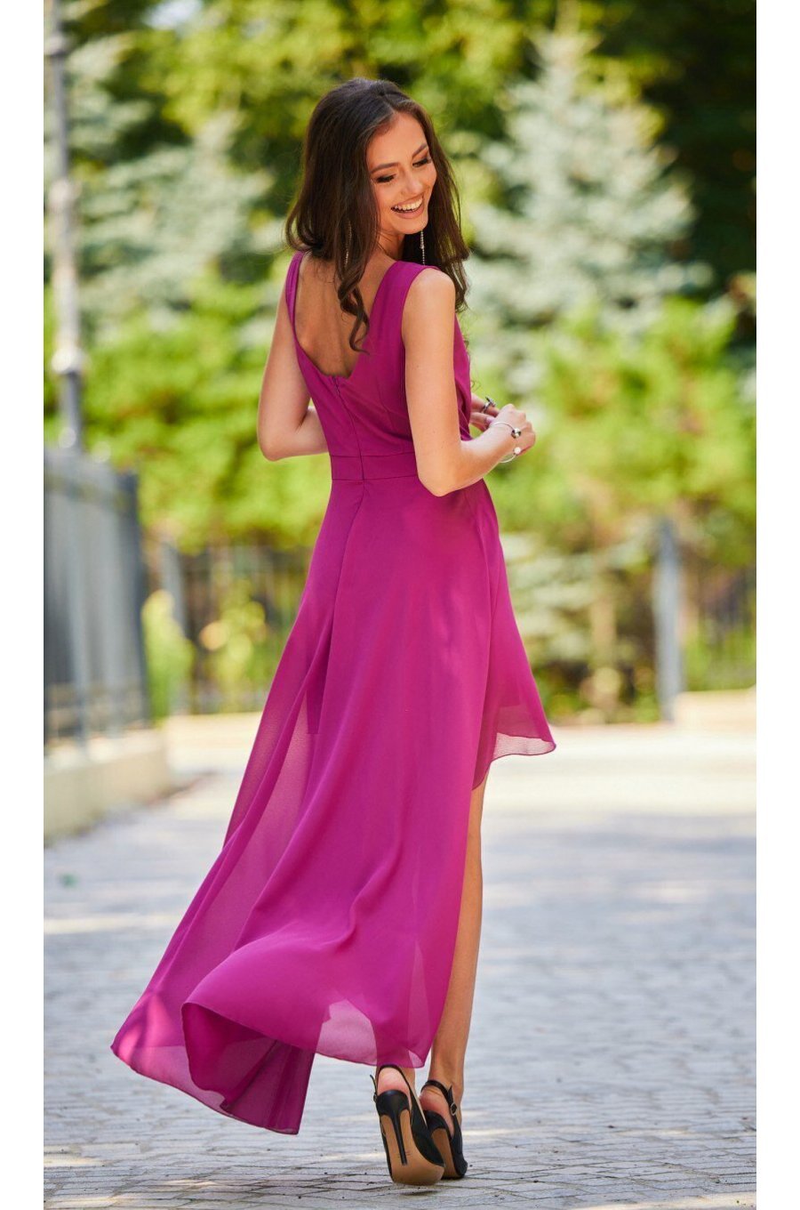 Rochie eleganta lunga, din voal roz fucsia, asimetrica, vaporoasa, petrecuta, Fiona 2 - jojofashion.ro