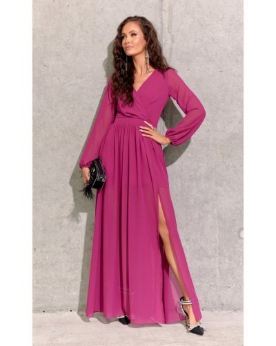 Rochie lunga din voal chiffon roz fucsia vaporoasa cu maneca lunga Stella Rochii lungi, Rochie lunga din voal chiffon roz fucsia vaporoasa cu maneca lunga Stella - jojofashion.ro