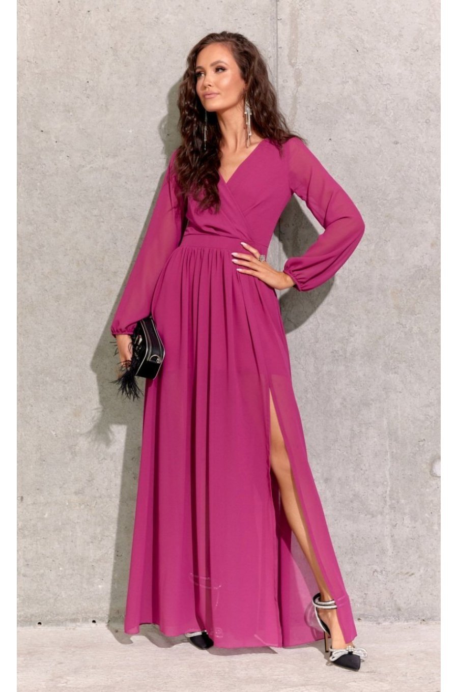 Rochie lunga din voal chiffon roz fucsia vaporoasa cu maneca lunga Stella 1 - jojofashion.ro