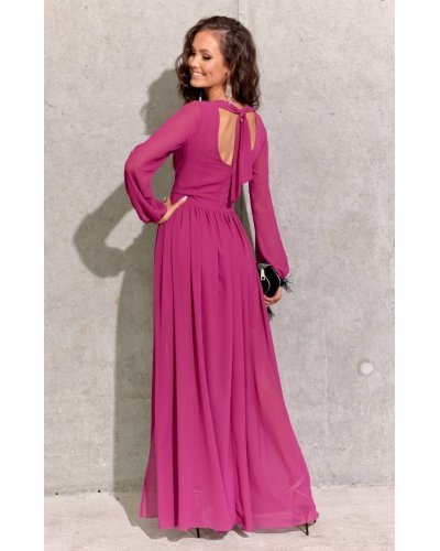 Rochie lunga din voal chiffon roz fucsia vaporoasa cu maneca lunga Stella Rochii lungi, Rochie lunga din voal chiffon roz fucsia vaporoasa cu maneca lunga Stella - jojofashion.ro