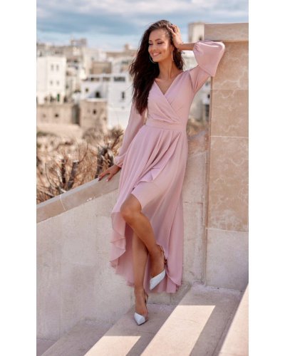 Rochie lunga din voal roz pal vaporoasa cu maneca lunga Jessica Rochii lungi, Rochie lunga din voal roz pal vaporoasa cu maneca lunga Jessica - jojofashion.ro