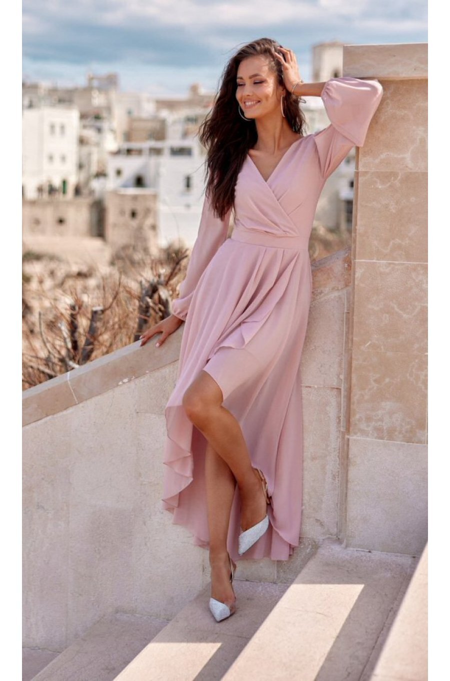 Rochie eleganta lunga din voal, roz pal, petrecuta, asimetrica, cu maneca lunga, Jessica 2 - jojofashion.ro