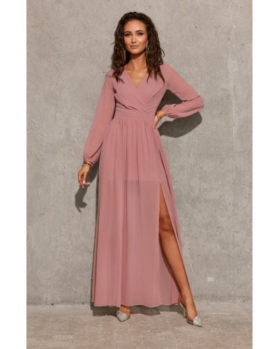 Rochie lunga din voal chiffon roz pudra vaporoasa cu maneca lunga Stella Rochii lungi, Rochie lunga din voal chiffon roz pudra vaporoasa cu maneca lunga Stella - jojofashion.ro