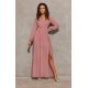 Rochie lunga din voal chiffon roz pudra vaporoasa cu maneca lunga Stella 2 - jojofashion.ro