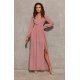 Rochie eleganta lunga, din voal, roz pudra, cu maneca lunga, vaporoasa, Stella 2 - jojofashion.ro