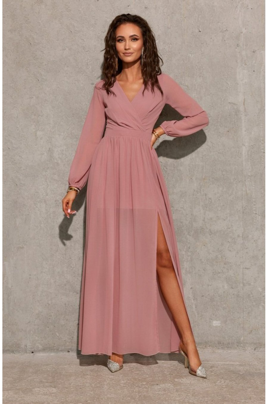 Rochie eleganta lunga, din voal, roz pudra, cu maneca lunga, vaporoasa, Stella 1 - jojofashion.ro