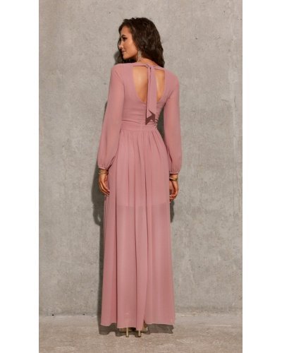 Rochie lunga din voal chiffon roz pudra vaporoasa cu maneca lunga Stella Rochii lungi, Rochie lunga din voal chiffon roz pudra vaporoasa cu maneca lunga Stella - jojofashion.ro