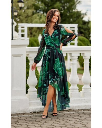 Rochie eleganta din voal verde lunga cu flori cu maneca lunga vaporoasa Sureya Rochii, Rochie eleganta din voal verde lunga cu flori cu maneca lunga vaporoasa Sureya - jojofashion.ro