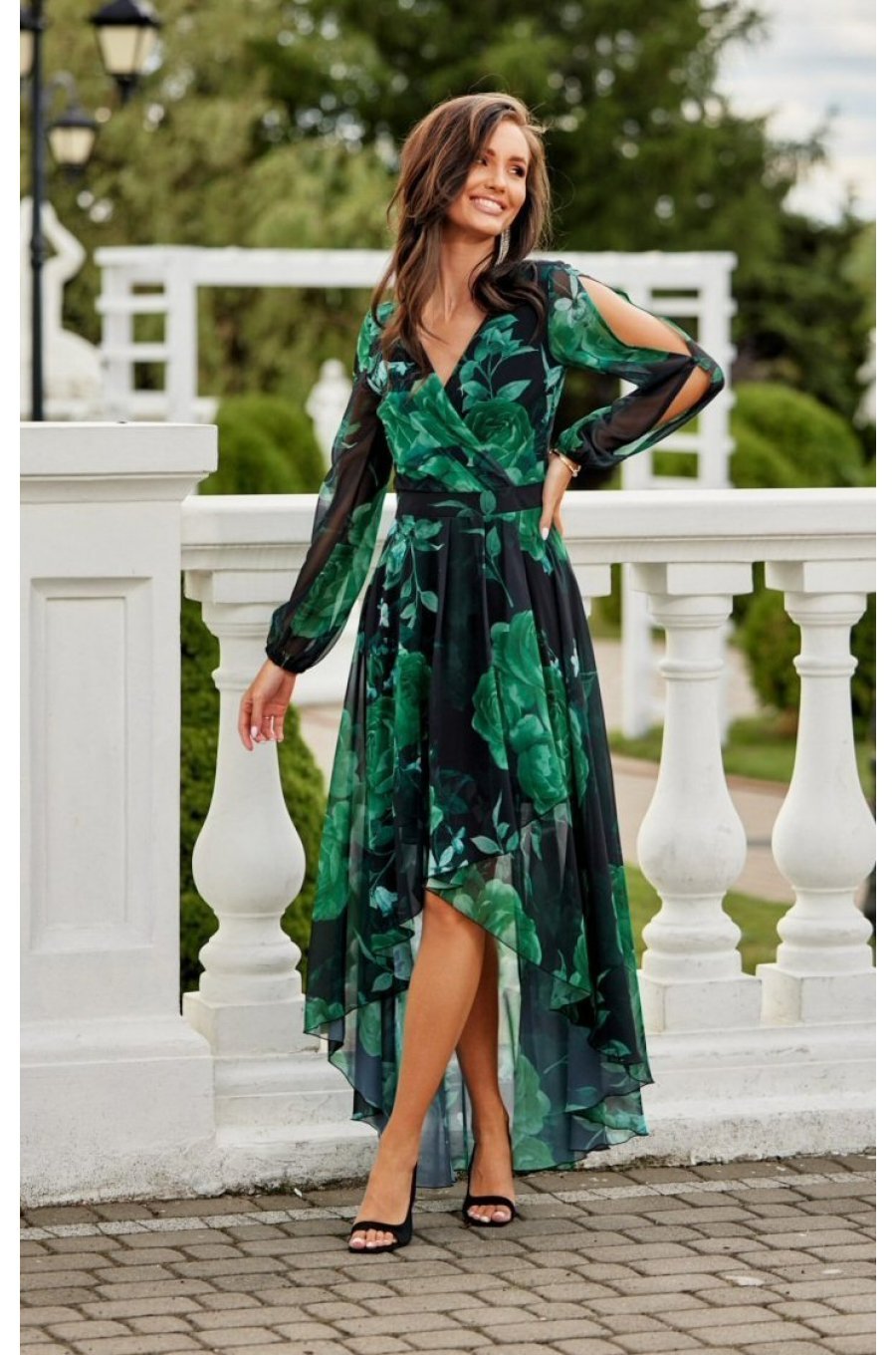 Rochie eleganta din voal verde lunga cu flori cu maneca lunga vaporoasa Sureya 1 - jojofashion.ro