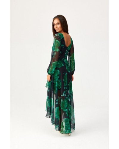 Rochie eleganta din voal verde lunga cu flori cu maneca lunga vaporoasa Sureya Rochii, Rochie eleganta din voal verde lunga cu flori cu maneca lunga vaporoasa Sureya - jojofashion.ro