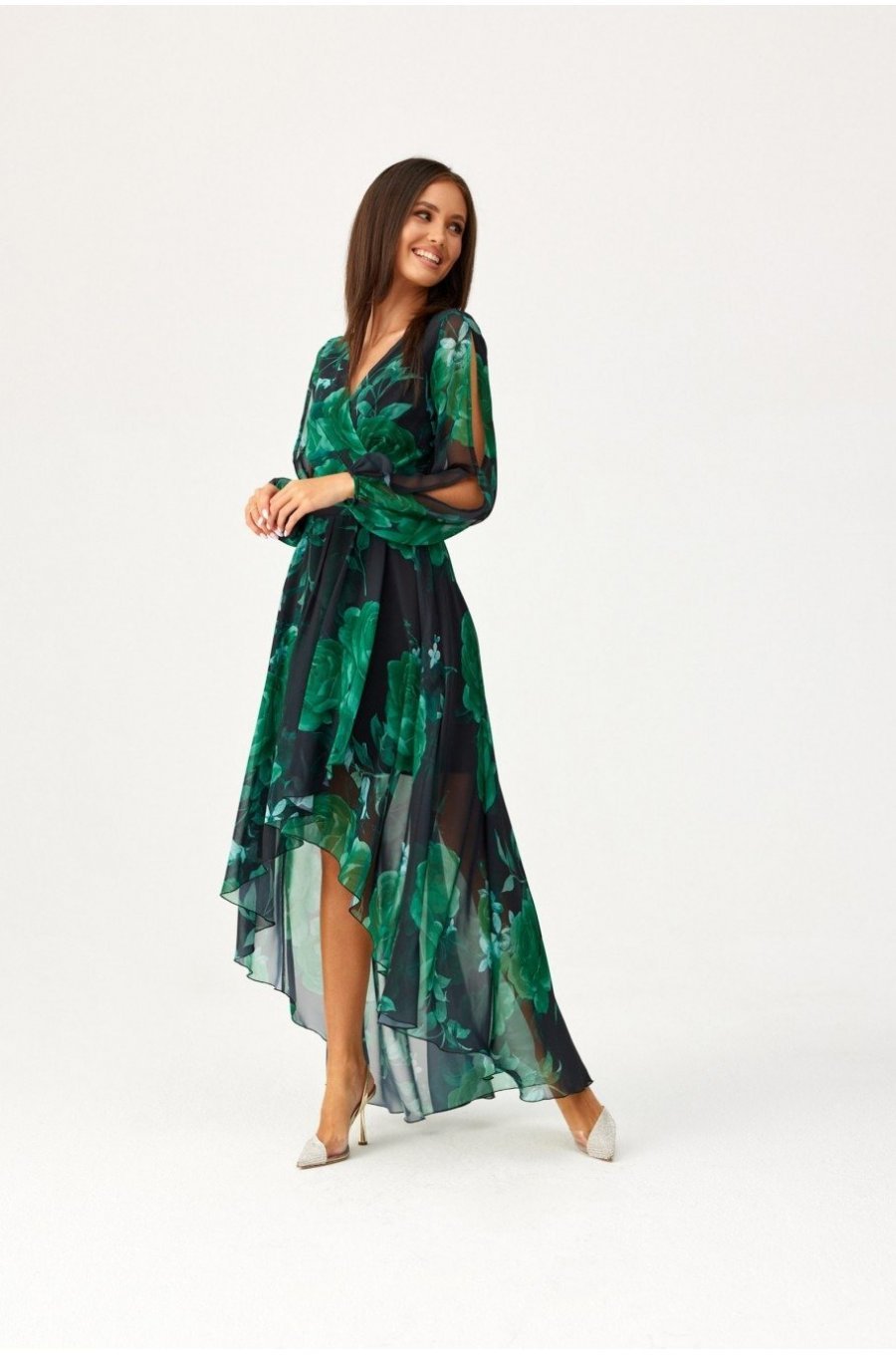 Rochie eleganta din voal verde lunga cu flori cu maneca lunga vaporoasa Sureya 3 - jojofashion.ro