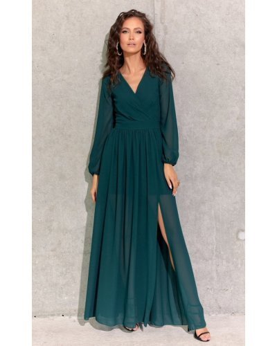 Rochie lunga verde din voal chiffon vaporoasa cu maneca lunga Stella Rochii lungi, Rochie lunga verde din voal chiffon vaporoasa cu maneca lunga Stella - jojofashion.ro